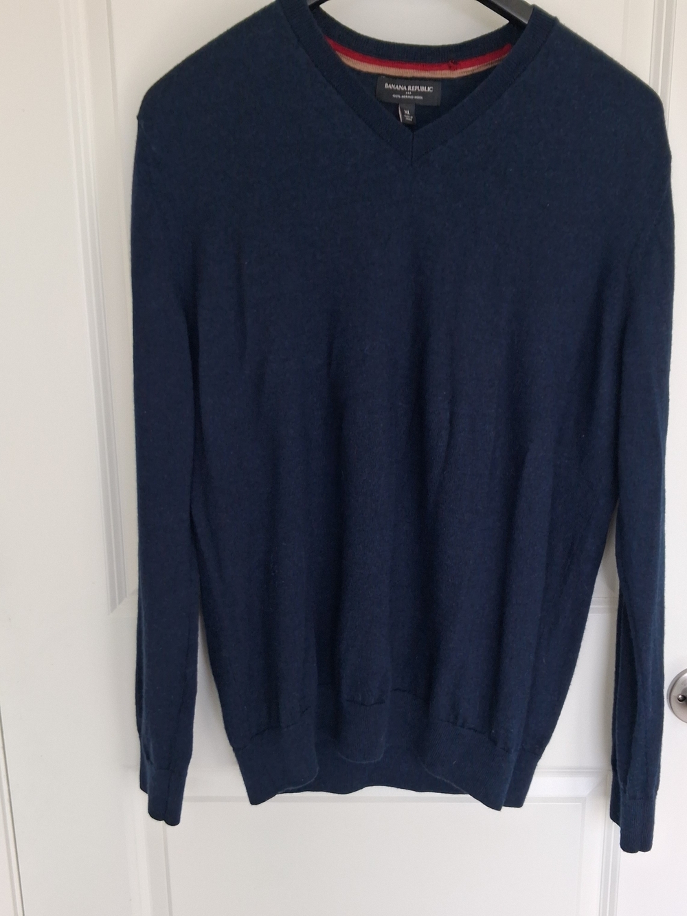 Banana Republic Men's V-Neck Sweater in Navy with Subtle Red Trim